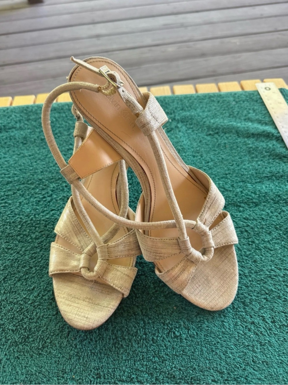 Calvin Klein Women's Phenix Slingback Sandal Metal Scratch Emboss Silver Sz. 7.5